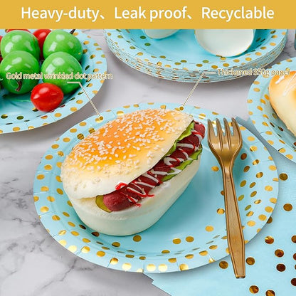 Sveikie160 Pcs blue And Gold Paper Plates, Birthday Cake Party Plates And Napkins, Wedding Disposable Utensils For Birthday Graduation Wedding And Holiday Celebrations Serves 40 (blue)