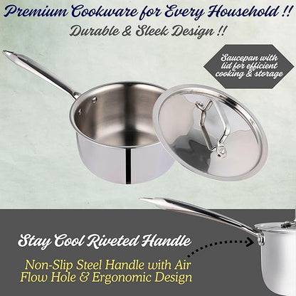 Stainless Steel Saucepan with Lid, 2.5 Quarts Saucier, Induction Cooking Sauce Pot Pans, Heavy Duty Tri-Ply Cookware, All Cooktops Compatible, Oven & Dishwasher Safe