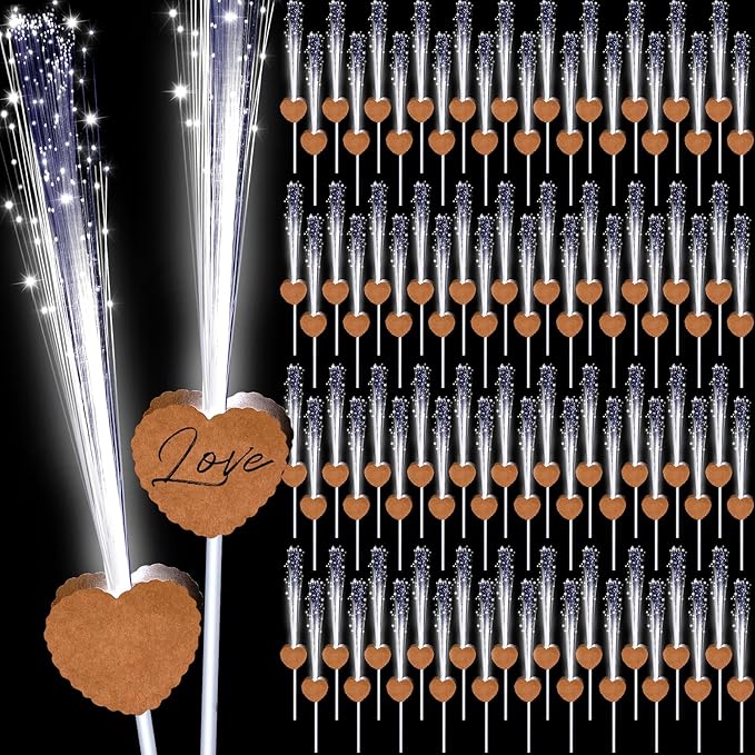100 Pcs Wedding Sparklers Heart Shaped LED Glow Sticks Fiber Optic Wands Light up Wand with 3 Light Mode for Wedding Bridal Shower Birthday Glow in the Dark Party Supplies (Brown)