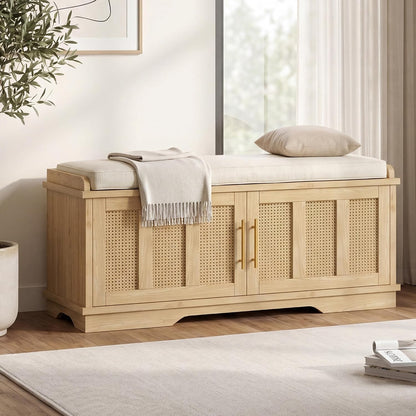Heybly Shoe Cabinet with Bench, Rattan Entryway Storage Bench with Cushion, Shoe Storage Bench Cabinet with 2 Doors, Adjustable Shelves, Wooden Shoe Bench 39.4" for Living Room Bedroom Hallway HSB002N