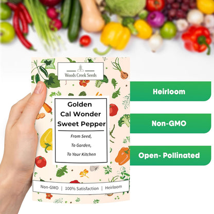 Woods Creek Seeds: Golden Cal Wonder Sweet Pepper Seeds for Planting - Non-GMO and Heirloom Bell Pepper Seeds for Planting Outdoors or Indoors for Home Plant Gardens - Sweet Golden Bell Peppers Seed