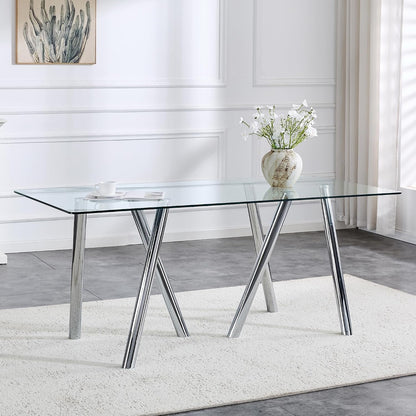 Glass Dining Table for 4 6 8 Pepole,71 Inch Rectangle Kitchen Dining Room Table with 0.39" Thick Tempered Glass Tabletop & Metal Legs, Modern Glass Top Silver Dinner Table for Dining Room