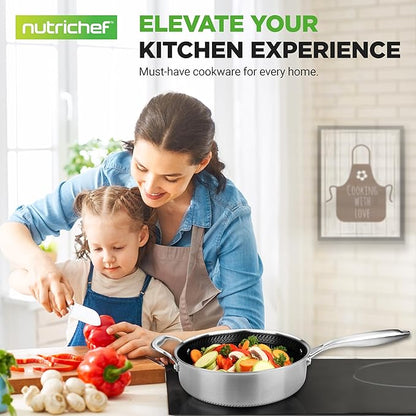 NutriChef 8-Piece Triply Cookware Set Stainless Steel - Triply Kitchenware Pots & Pans Set Kitchen Cookware, Non-Stick Coating - Sauce Pot, Stew Pot, Cooking Pot, Frying Pan, Lids - NC3PLY8Z