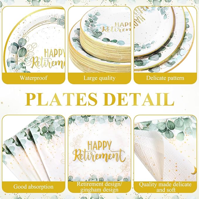 452 Pcs Sage Green Retirement Party Supplies Happy Retirement Paper Plates Napkins Cups Tablecloth Cutlery Straws for Men Women Employee Coworker Teacher Farewell Party Decorations