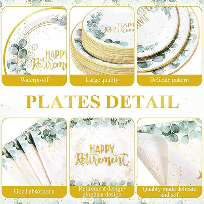 452 Pcs Sage Green Retirement Party Supplies Happy Retirement Paper Plates Napkins Cups Tablecloth Cutlery Straws for Men Women Employee Coworker Teacher Farewell Party Decorations