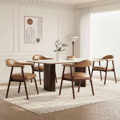 MALOL Leather Dining Chair with Armrest Set of 4, Upholstered Dining Room Chair with Curved Back and Wood Legs, Mid Century Modern Kitchen Chairs for Kitchen Dining Room,Brown