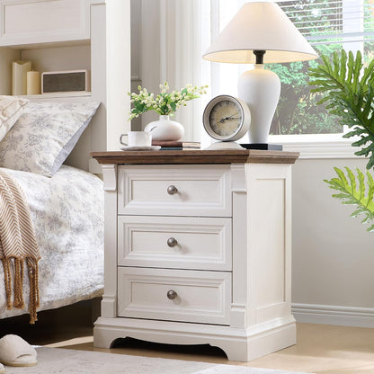 Farmhouse 26"H Nightstand Set of 2, 23.6"W End Table with Charging Station | 3 Drawers Storage, Wood Side Table w/Roman Column, Bedside Cabinet for Bedroom, Living Room, Antique White
