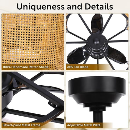 Ceiling Fans with 6-Bulb Lights and Remote, Flower Shaped Ceiling Light with 6 Adjustable Speed and for Bedroom, Kitchen and Living Room, Rattan Shade
