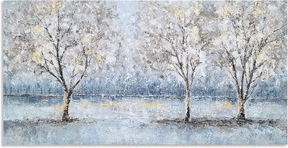 NdcSkyArt Blue Grey Tree Paintings Hand Painted Canvas Wall Art with Gold Foil Modern Abstract Grey Contemporary Rustic Farmhouse Family Tree Landscape Pictures Scenery Artwork