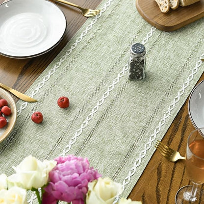 Artoid Mode Sage Green Rustic Cotton Linen Table Runner, Seasonal Embroidered Hollow Kitchen Dining Table Decoration for Home Party Decor 13x60 Inch