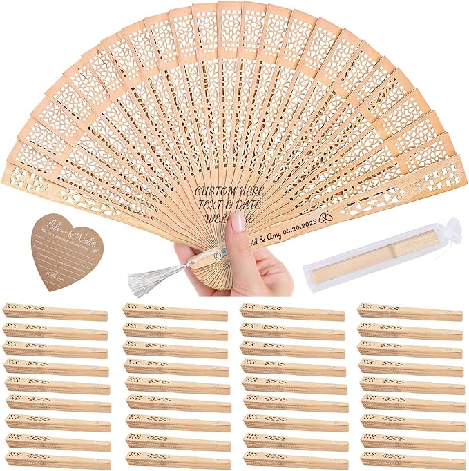200pcs Personalized Wedding Fans for Guests - Custom Wooden Hand Fans with Names/Dates - Bulk Wedding Favors for Bridal Shower, Baby Shower & Parties (Wood, 200pcs)