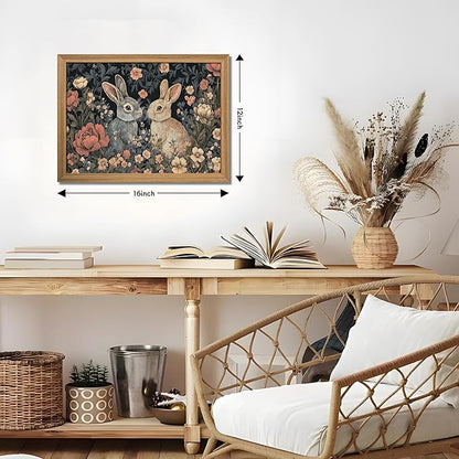 AKWISH Framed 3D Textured Vintage Wall Art - Dark Academia Easter Bunny Decor Hand Drawn Sandstone Paintings with Botanical Florals, Aesthetic Wall Decor for Living Room Bedroom Home 12x16 inch