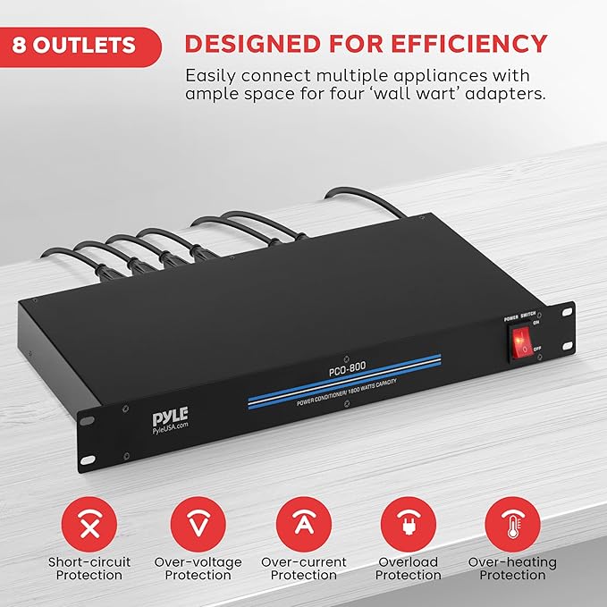 Pyle 1800W 8-Outlet Rack Mount Power Conditioner - 15 Amp Surge Protector with Noise Suppression - Rear Outlet for Multi Appliances - Triple Mode Protection - AC Power - for Home & Computer - PCO800