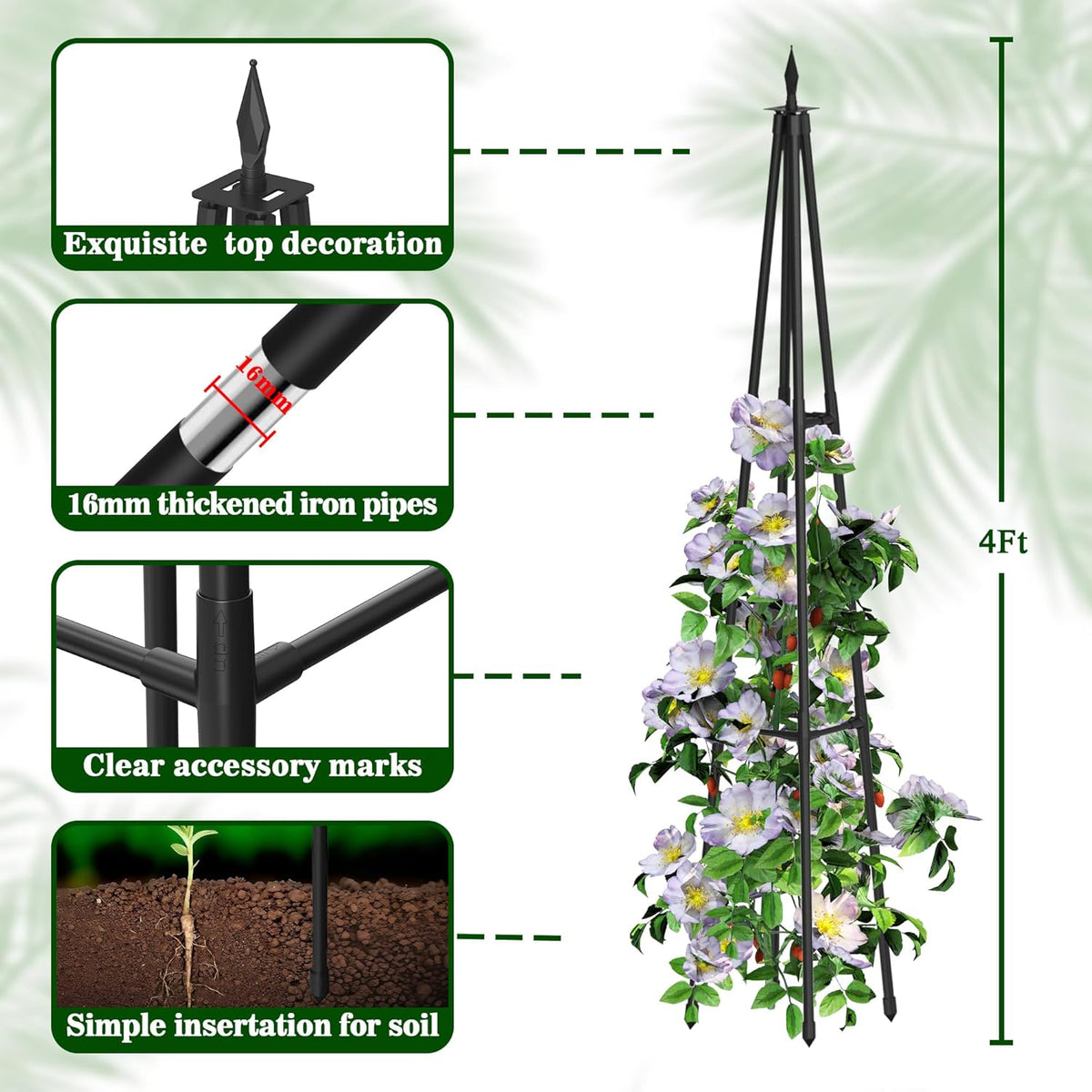 4FT Obelisk Trellis for Climbing Plants Outdoor, 16mm Rust-Proof Extra Thickened Plastic-Coated Metal Pipes, Indoor Climbing Support for Potted Plants, Vines, Flowers Stands,Black