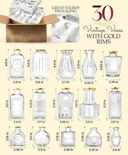 Premium Heirloom Hills Bud Vases for Home Decor, Crystal Clear Glass Flower Vase Set of 30 with Hand-Painted Gold Rims, Small Vases for Centerpieces and Wedding Decorations (Clear, Set of 30)