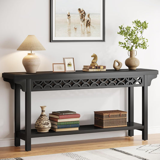 Tribesigns 70.8-Inch Solid Wood Long Console Table, Farmhouse Entryway Table with Storage, Narrow Sofa Table Grey Couch Table for Living Room Entryway Hallway (Black)