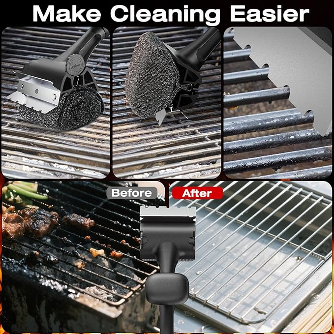 Grill Brush for Outdoor BBQ - Replaceable Bristle Free Heading + Reinforced Scraper - Safe BBQ Accessories for Porcelain/Gas/Charcoal/Smoker/Cast Iron Grill - Cleaning Brush(Black)