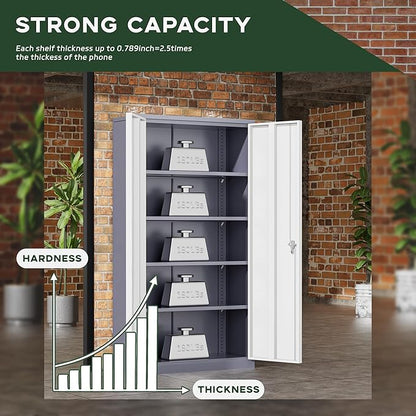Greenvelly Metal Garage Storage Cabinet, 72”Locking Steel Storage Cabinet with 2 Doors and 4 Adjustable Shelves for Home Office,School,File(Gray White)