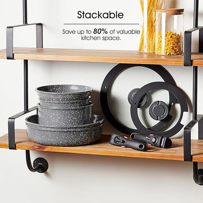 7pcs Pots and Pans Set Non Stick from France, Ceramic Cookware Set with Removable Handle, Induction RV Kitchen Cookware Set, Stackable, PFOA and PFAS Free, Oven Safe, Black Granite