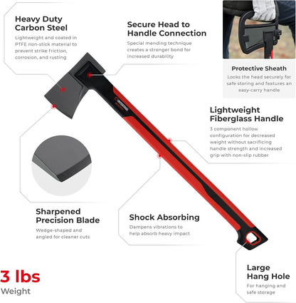 INTERTOOL 24” Mid-Size Scout Axe, Long Camp Hatchet, Splitting, Chopping, Felling, Kindling, Survival, Shock Absorbing MAX Grip Handle, Sheath, Storm HT08-0293