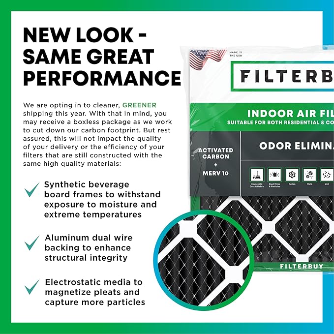 Filterbuy 18x30x1 Air Filter MERV 10 Odor & Allergy Defense with Activated Carbon (4-Pack), Electrostatic Pleated HVAC AC Furnace Filters Replacement, Made in USA (Actual Size: 17.75 x 29.75 x 0.75)