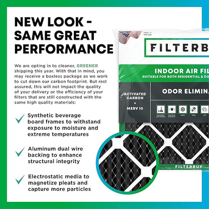 Filterbuy 20x22x1 Air Filter MERV 10 Odor & Allergy Defense with Activated Carbon (3-Pack), Electrostatic Pleated HVAC AC Furnace Filters Replacement, Made in USA (Actual Size: 19.50 x 21.50 x 0.75)