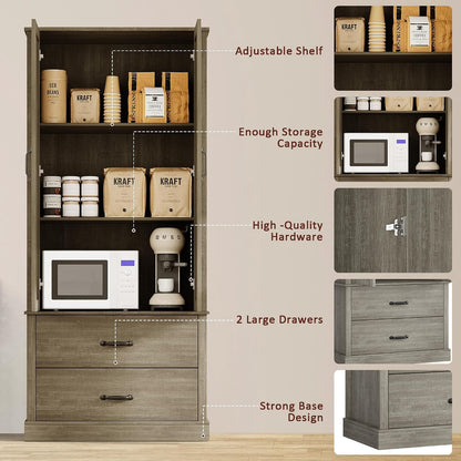 Takywep Freestanding Farmhouse Pantry Cabinet with Barn Doors, Adjustable Shelves & Large Drawers,Versatile Kitchen Storage Cupboard for Dining or Living Room,Pastoral Gray