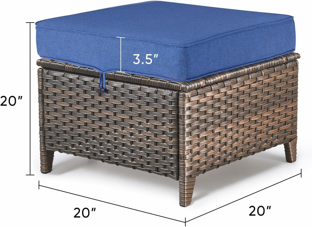 Patio Ottoman Outdoor Wicker Side Table - 2PCS Multipurpose Heavy Duty All-Weather Brown Rattan Extra Seating Bench Footrest Footstool for Garden Back Porch Poolside Apartment - Navy Blue