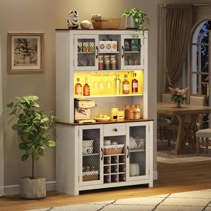 JIJIWANG 70.9" Kitchen Pantry Storage Rustic Buffet Cabinet,Kitchen Hutch Cabinet with LED Outlets Food Pantry Cabinets with Doors and Shelves Wine Rack for Dining Room,for Dining Room,White