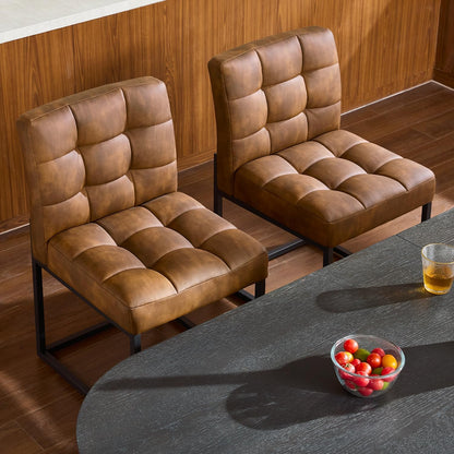 GrandNoor Coffee Faux Leather Dining Chairs Set of 4, Mid-Century Modern Dining Room Chairs with Armless, Checkered Kitchen Chair with Metal Legs