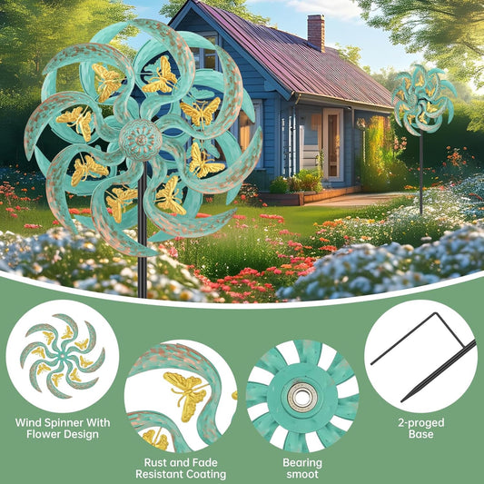 Metal Wind Spinner Outdoor, Golden Butterfly Kinetic Wind Sculpture Spinners with Metal Stake, Yard Art Decor for Patio, Lawn & Garden, Creative Gifts 57.5 * 13.4 Inch