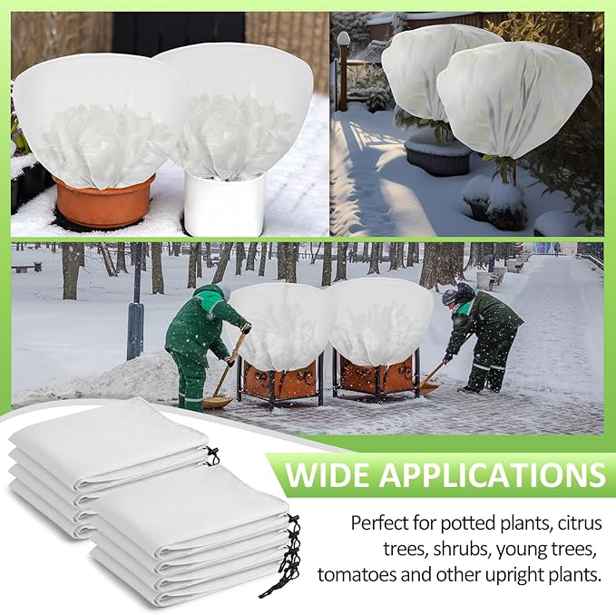12 Pcs Winter Plant Covers Freeze Protection 39.4x23.6 Inch Horizontal Shrub Tree Rose Plant Protection Bags Frost Blanket with Drawstring for Fall Winter Outdoor Garden Planting (White)