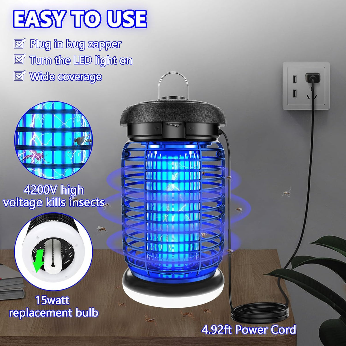 Bug Zapper Outdoor, Mosquito Zapper with LED Light, Fly Zapper Outdoor Indoor, Insect Zapper Electric Fly Traps, Plug in Mosquito Killer for Patio Yard