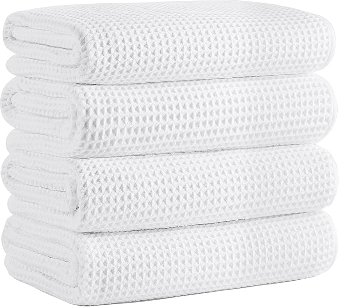 Microfiber Waffle Bath Towels, 4 Pieces, Soft, Absorbent, Fast Drying, Lint Free (White)