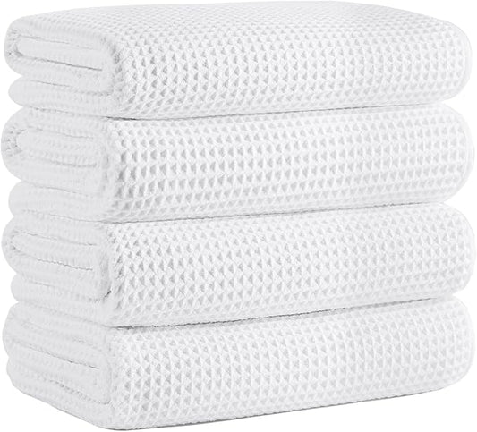 Microfiber Waffle Bath Towels, 4 Pieces, Soft, Absorbent, Fast Drying, Lint Free (White)