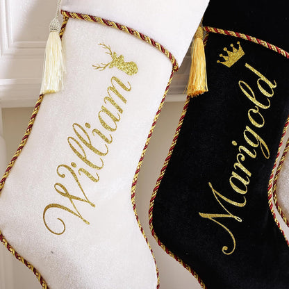 Personalized Christmas Stockings 1 Pack White Black Custom Christmas Stockings with Names Initials 20" Large Velvet Luxury Modern Kids Family Xmas Stocking for Farmhouse Holiday Fireplace