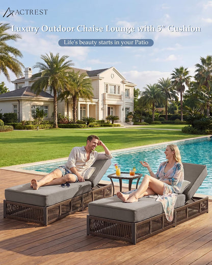 Luxury Outdoor Chaise Lounge Chairs of 2 with 5 Inch Thick Cushions and Side Table - 3 PCS High Back Brown Wicker Rattan Patio Recliners Lounger Furniture Set for Poolside Sunbathing - Grey