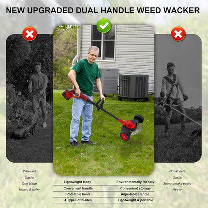 Electric Weed Wacker Cordless Weed Eater Battery Powered, 21V Stringless Grass Trimmer/Edger/Brush Cutter/Lawn Mower, 2 Battery with Wheel & Blades for Yard Garden