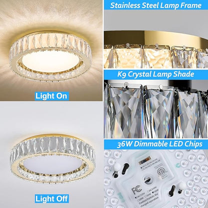 15 Inch Gold Modern Crystal Flush Mount Chandelier,Large Dimmable LED 5CCT 3000K-6000K 36W Round Close to Ceiling Lighting Fixtures for Dining Room,Kitchen,Living Room,Bedroom