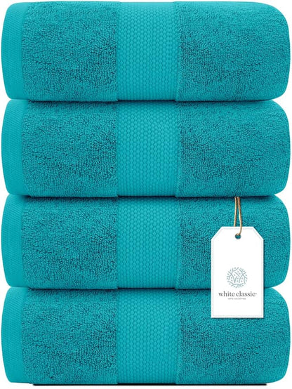 White Classic Luxury Bath Towels Set of 4 Large - 700 GSM Cotton Ultra Soft Bath Towels 27x54 | Highly Absorbent and Quick Dry | Hotel Towels for Bathroom Luxury, Plush Shower Towels, Aqua