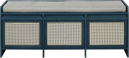 SOFTSEA 48" Shoe Storage Bench with Cushion, 2-Tier Entryway Bench with 3 Rattan Storage Drawers & Lift Top Storage, Retro Shoe Cabinet for Hallway, Bedroom, Living Room, Navy