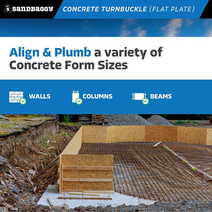 Sandbaggy Concrete Turnbuckle Form Aligner with 5" x 3" Flat Plate (35" - 37.5" Length) - Rust Resistant Steel - Adjustable Wall Brace - Aligns & Plumbs Form Walls, Columns, or Beams (35 inches, 4)