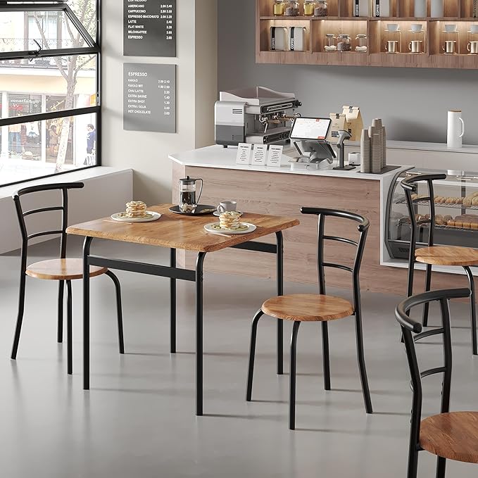 VECELO 3 Piece Dining Table & Chairs Set for 2, Metal and Wooden Square Kitchen Dinette Set for Small Space, Breakfast Nook, Saving Space, Brown