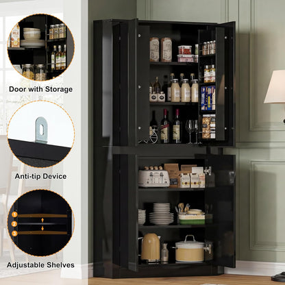 Anbuy 67'' Tall Pantry Cabinet with Led Light, Corner Pantry Cabinet with 4 High Gloss Doors and Adjustable Shelves, Space Saving Storage Cabinet for Food Hutch for Kitchen, Living Dining Room(Black)