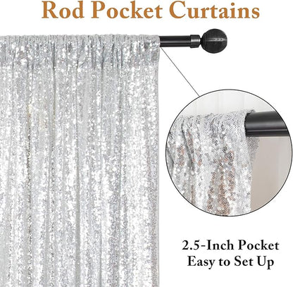 ShinyBeauty Silver Sequin Curtain Backdrop 2 Panels 4FTx8FT Photo Curtain Backdrop Curtain Panels 96 Inches Long -190522E