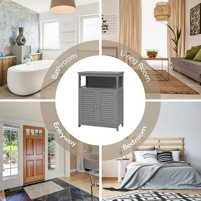 COSTWAY Bathroom Storage Cabinet, Wooden Side Storage Organizer with Louver Doors & Removable Shelf, Freestanding Floor Cabinet for Living Room, Kitchen, Entryway (Grey)