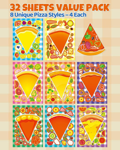 Aowplc 32 Sheets Make A Pizza Stickers for Kids, 8 Designs Mix 'n Match Pizza Crafts, Party Favors & Classroom Activities