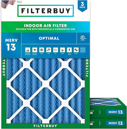 Filterbuy 20x24x2 Air Filter MERV 13 Optimal Smoke & Allergy Defense (3-Pack), Electrostatic Pleated HVAC AC Furnace Filters Replacement, Made in USA (Actual Size: 19.38 x 23.38 x 1.75)