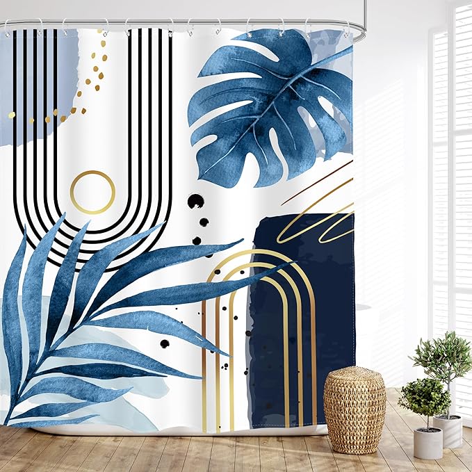 Glawry Blue Gold Boho Mid Century Shower Curtain Abstract Tropical Plant Minimalist Modern Geometric Palm Leaf Arch Bathroom Simple 60Wx72L Inches Bath Accessories Art Home Decor Fabric 12 Pack Hooks