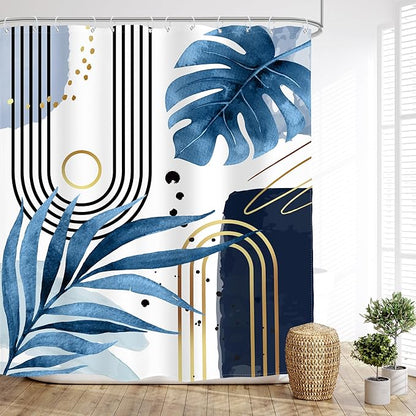 Glawry Blue Gold Boho Mid Century Shower Curtain Abstract Tropical Plant Minimalist Modern Geometric Palm Leaf Arch Bathroom Simple 60Wx72L Inches Bath Accessories Art Home Decor Fabric 12 Pack Hooks
